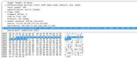 Figure 4. TCP dump of the information sent by the application. Since the SMTP server uses TLS encryption, sniffed traffic will not reveal much of what is going on